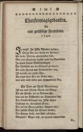 Charfreytagsgedanken. An eine gottselige Freundinn.
