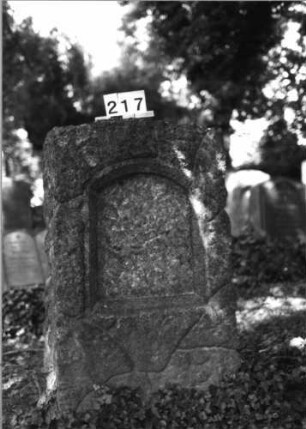 Grabstein 217 (Index: 100085315) Zustand: Schriftplatte entfernt Maße HxBxT: 128x72x36 cm Beschreibung: Stele, rustica, Segmentbogenabschluß, Schriftplatte mit Segmentbogenabschluß: Grabstein 217