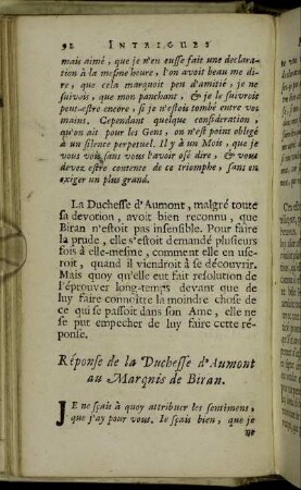 Résponse de la Duchesse d'Aumont au Marquis de Biran.