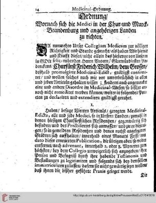 Ordnung/ wornach sich die Medici in der Chur- und Marck-Brandenburg und genhörigen Landen zu richten.