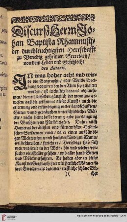 Discurß Herrn Johann Baptista Rhamnusü, der durchleuchtigsten Herrschafft zu Venedig geheimen Secretarii / von dem Leben und Geschlecht des Autoris