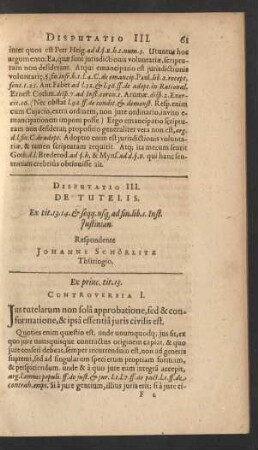Disputatio III. De Tutelis ... Respondente Johanne Schörlitz Thüringio