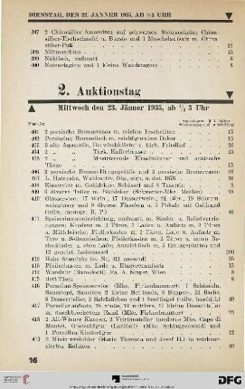 2. Auktionstag Mittwoch, den 23. Jänner 1935, ½ 3 Uhr (Nr. 401-800)