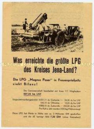 Agitationsblatt an Einzelbauern zum Eintritt in die LPG, mit Bilanz der LPG "Magnus Poser" in Frauenprießnitz