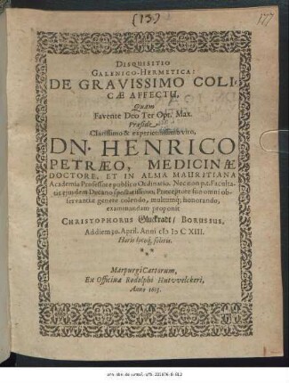 Disquisitio Galenico-Hermetica: De Gravissimo Colicae Affectu