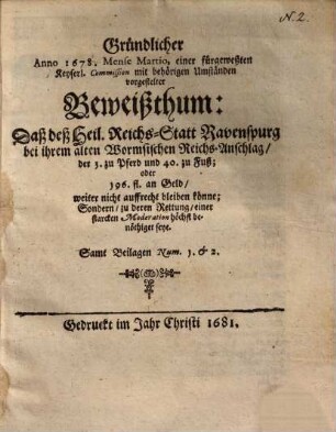 Gründlicher ... Beweißthum, daß deß Heil. Röm. Reichs-Statt Ravenspurg bei ihrem alten ... Reichs-Anschlag ... nicht ... bleiben könne ...