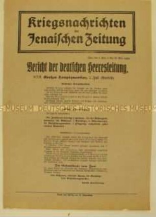 Nachrichtenblatt der "Jenaischen Zeitung" zur Erstürmung russischer Stellungen im Südosten durch deutsche und österreichische Truppen