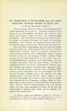 Der Tannenhäher in Württemberg und sein letztes zahlreiches Auftreten daselbst im Herbst 1911