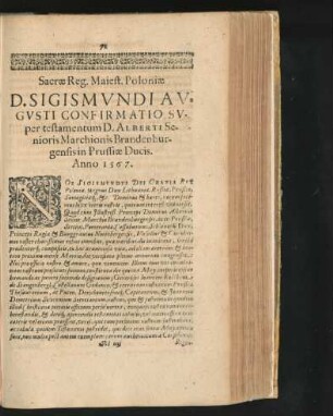 ... D.Sigismundi Augusti Confirmatio Super testamentum D. Alberti Senioris Marchionis Brandenburgensis in Prussiae Ducis. Anno 1567.