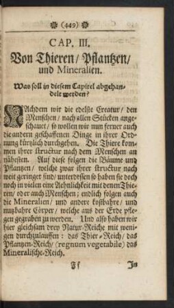 Cap. III. Von Thieren/ Pflantzen/ und Mineralien.