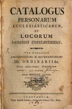 Catalogus personarum ecclesiasticarum et locorum Dioecesis Constantiensis. 1769