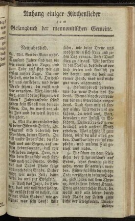 Anhang einiger Kirchenlieder zum Gesangbuch der mennonitischen Gemeine.