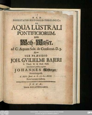 Dissertatio Historico-Theologica De Aqua Lustrali Pontificiorum