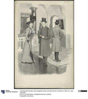 Zwei elegante Herren und eine Dame im Museum