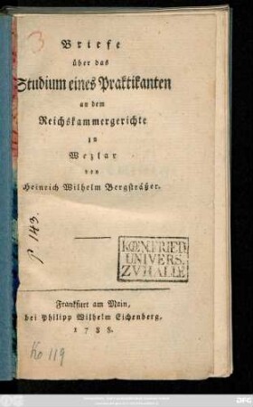 Briefe über das Studium eines Praktikanten an dem Reichskammergericht zu Wezlar