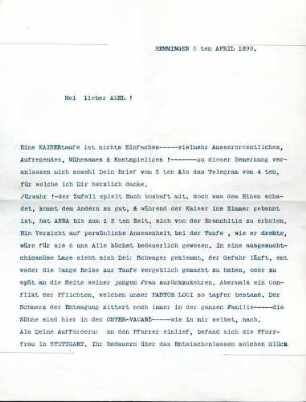 Geburt und Taufe Wilhelm Ulrich Karl Varnbülers in Anwesenheit Kaiser Wilhelms II. als Taufpaten