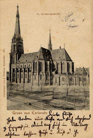 Postkartenalbum mit Motiven von Karlsruhe. "Gruß aus Karlsruhe. St. Bernharduskirche"