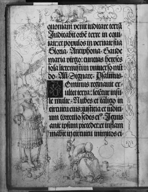 Gebetbuch Kaiser Maximilians I. — Bewaffneter; unten beim Spinnen eingeschlafene Frau (Trägheitsdarstellung), Folio 48verso