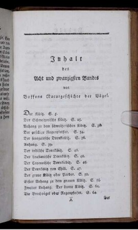 Inhalt des Acht und zwanzigsten Bandes von Buffons Naturgeschichte der Vögel.