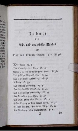 Inhalt des Acht und zwanzigsten Bandes von Buffons Naturgeschichte der Vögel.