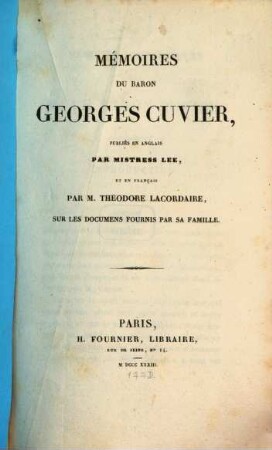 Mémoires du Baron Georges Cuvier