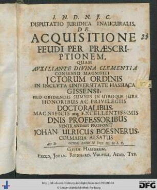 Disputatio Juridica Inauguralis De Acquisitione Feudi Per Praescriptionem
