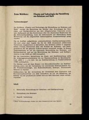 Erster Wahlkurs: Chemie und Technologie der Herstellung von Roheisen und Stahl