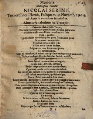 Memoria Illustrissimi Comitis Nicolai Serinii, Toti orbi noti Herois, Postquam 18. Novemb. 1664. ab Apro in venatione interfectus