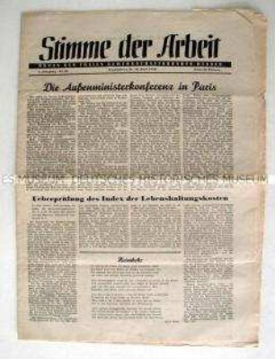 Halbmonatszeitung der Freien Gewerkschaftsbundes Hessen "Stimme der Arbeit" zur Pariser Außenministerkonferenz