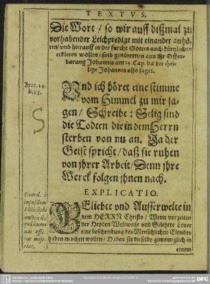 Leichenpredigt : Christliche Leichpredigt. Textus. Explicatio.
