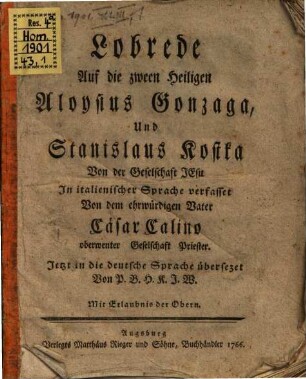 Lobrede Auf die zween Heiligen Aloysius Gonzaga, Und Stanislaus Kostka