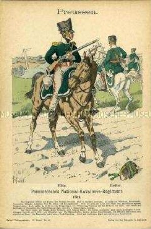 Uniformdarstellung, Elite-Reiter und Kavalleristen des Pommerschen National-Kavallerie-Regiments, Königreich Preußen, 1813.