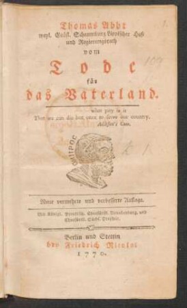 Thomas Abbt weyl. Gräfl. Schaumburg Lippischer Hof- und Regierungsrath vom Tode für das Vaterland