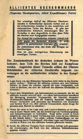 Flugblatt des Alliierten Oberkommandos an tschechische Arbeiter im deutschen Reich mit Verhaltensregeln, wenn sie das Kriegsgebiet erreicht (Nr. WG 7 C)