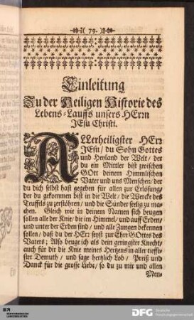 Einleitung Zu der Heiligen Historie des Lebens-Lauffs unsers HErrn JEsu Christi.