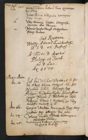 Sommerhalbjahr 1670. Rektorat Wolfgang Adam Lauterbach