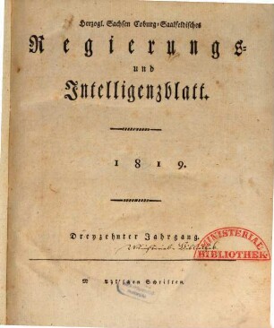 Herzogl.-Sachsen-Coburg-Saalfeldisches Regierungs- und Intelligenzblatt. 1819 = Jg. 13