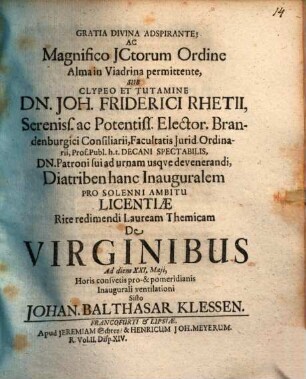 ... Joh. Friderici Rhetii Diatriben hanc inaug. de virginibus