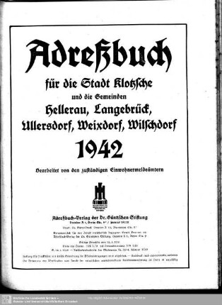 Adreßbuch für die Stadt Klotzsche und die Gemeinden Hellerau, Langebrück, Ullerdorf, Weixdorf, Wilschdorf 1942