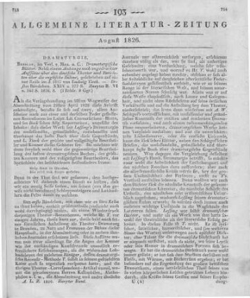 Tieck, L.: Dramaturgische Blätter. Nebst einem Anhange noch ungedruckter Aufsätze über das deutsche Theater und Berichten über die englische Bühne. Bdchen. 1-2. Breslau: Max & Comp. 1826