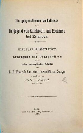 Die geognostischen Verhältnisse der Umgegend von Kalchreuth und Eschenau bei Erlangen
