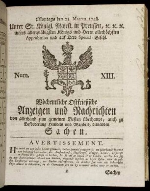 Num. XIII. Montags den 25. Martii 1748.