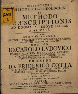 Dissertatio Historico-Theologica De Methodo Praescriptionis Ad Dogmata Resqve Sacras Adplicata