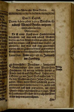Das II. Capitel. Vonn Advis- oder Advis-Briefen/ so näbenst Wechsel-Briefen mehrernteihls gäben werden.