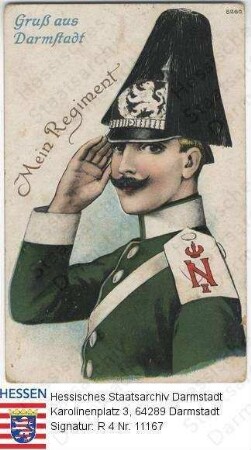 Militär, Feldpostkarten / Salutierender Soldat eines Darmstädter Regiments, Brustbild