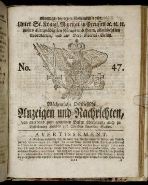 No. 47. Montags, den 23ten November 1767.