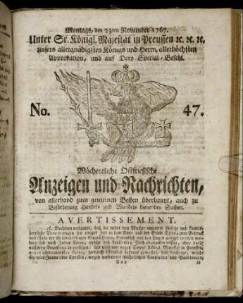 No. 47. Montags, den 23ten November 1767.