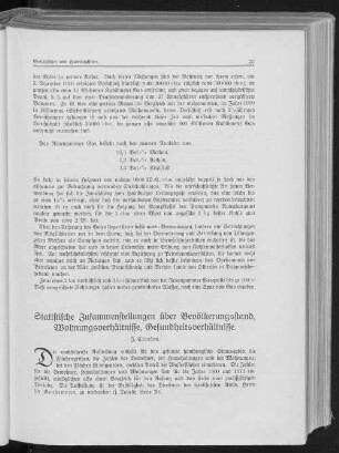 Statistische Zusammenstellungen über Bevölkerungsstand, Wohnungsverhältnisse, Gesundheitsverhältnisse.