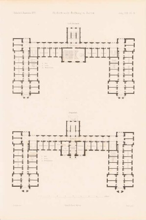 St. Gertraudt-Stiftung, Berlin: Grundriss EG, 1.OG, 2.OG (aus: Atlas zur Zeitschrift für Bauwesen, hrsg. v. G. Erbkam, Jg. 23, 1873)