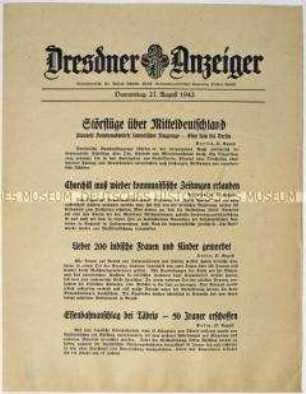 Nachrichtenblatt "Dresdner Anzeiger" u.a. zu sowjetischen Luftangriffen gegen Deutschland